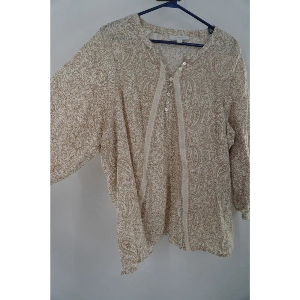 Pure Jill 100% Organic Cotton Paisley Henley Blouse Tan Split Neck Tunic Size L